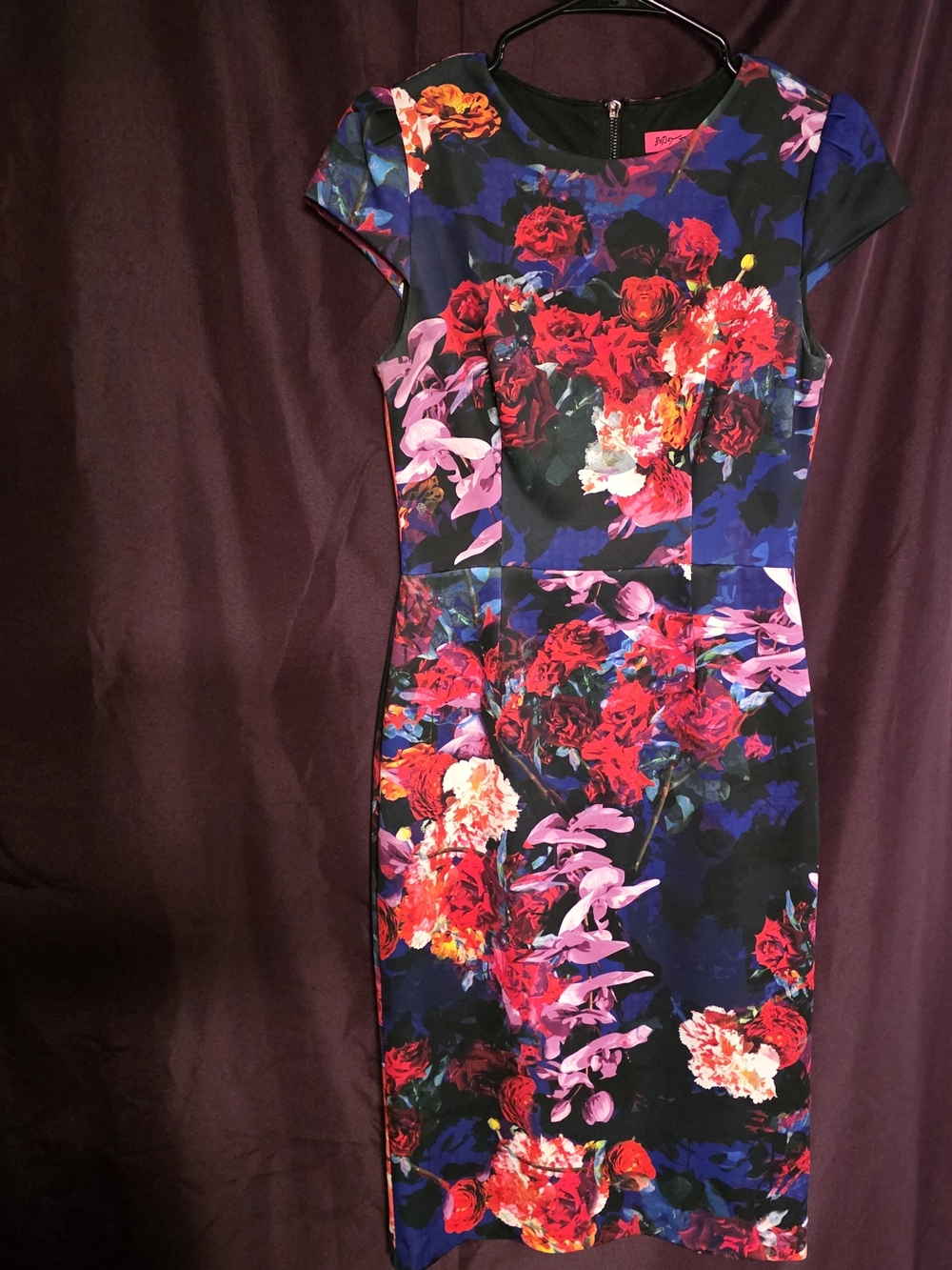 Floral Sheath Dress in Black with Red & Pink Bloom Print